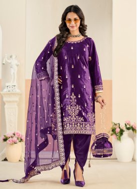 Purple Velvet Embroidered Work Punjabi Salwar Suit for Women