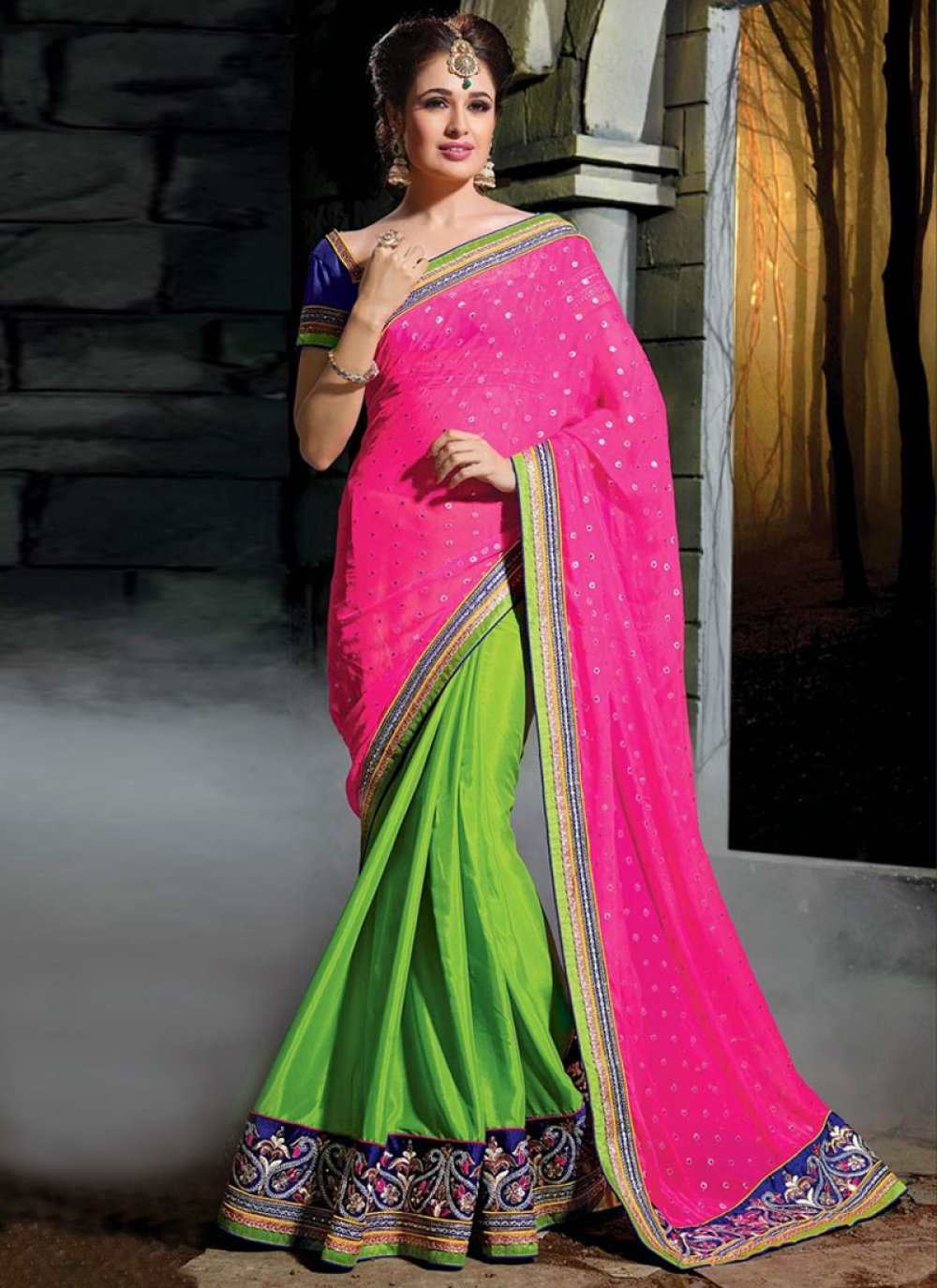 Radiant Magenta And Mint Green Color Designer Half N Half Saree 6780