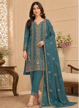 Rangoli Silk Embroidered Work Pakistani Suit in Teal