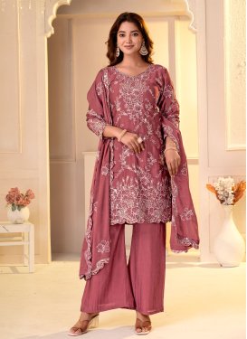 Rangoli Silk Palazzo Suit with Embroidered Work for Festival in Salmon