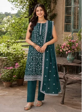 Rangoli Silk Readymade Salwar Suit in Teal with Embroidered Work for Festival