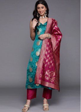 Rani and Teal Art Silk Pant Style Salwar Kameez