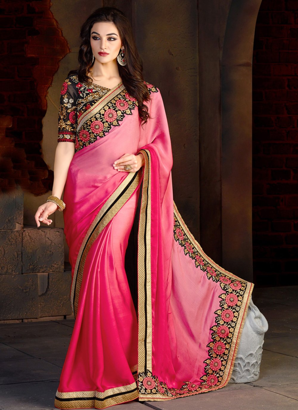 Pink Party Wear Saree with Embroidered Georgette - SR24198