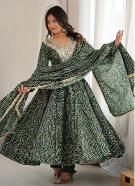 Rayon Anarkali Suit in Bottle Green with Embroidered Work for Women