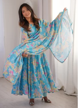 Rayon Anarkali Suit in Light Blue with Digital Print Work for Festival