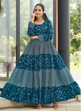 Rayon Designer Gown in Teal with Digital Print Work for Festival