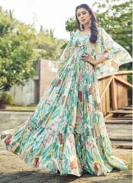Rayon Designer Gown with Digital Print Work for Festival in Aqua Blue and Off White