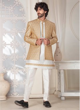 Rayon Jodhpuri Suit with Embroidered Work for Festival in Beige and White