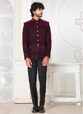 Rayon Jodhpuri Suit with Embroidered Work in Black and Maroon