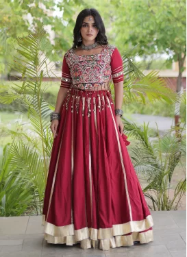 Rayon Readymade Lehenga Choli in Red with Embroidered Work for Festival
