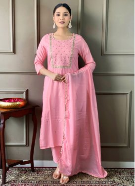 Rayon Readymade Salwar Suit in Pink with Embroidered Work for Ceremonial