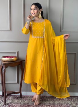 Rayon Readymade Salwar Suit with Embroidered Work for Ceremonial in Mustard