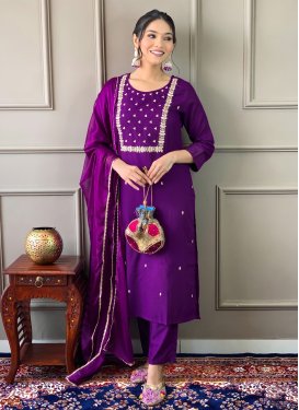 Rayon Readymade Salwar Suit with Embroidered Work for Festival in Purple