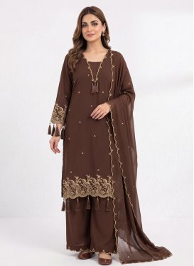 Rayon Readymade Salwar Suit with Embroidered Work for Women in Brown