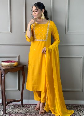 Rayon Readymade Salwar Suit with Embroidered Work for Women in Yellow
