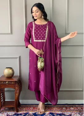 Rayon Readymade Salwar Suit with Embroidered Work in Fuchsia for Ceremonial