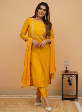 Rayon Readymade Salwar Suit with Embroidered Work in Mustard for Ceremonial