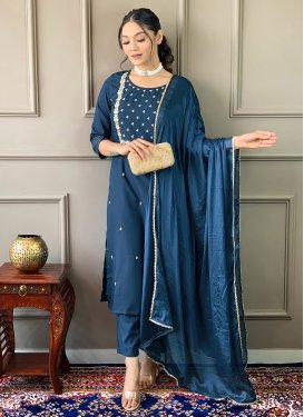 Rayon Readymade Salwar Suit with Embroidered Work in Teal for Ceremonial