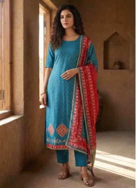 Rayon Straight Suit with Cutdana Work in Light Blue
