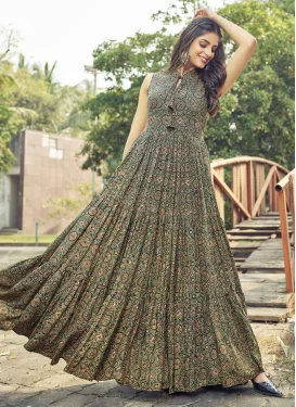 Rayon Trendy Gown with Digital Print Work for Festival in Green