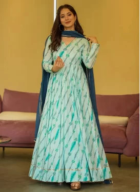 Rayon Trendy Gown with Digital Print Work for Festival in Turquoise