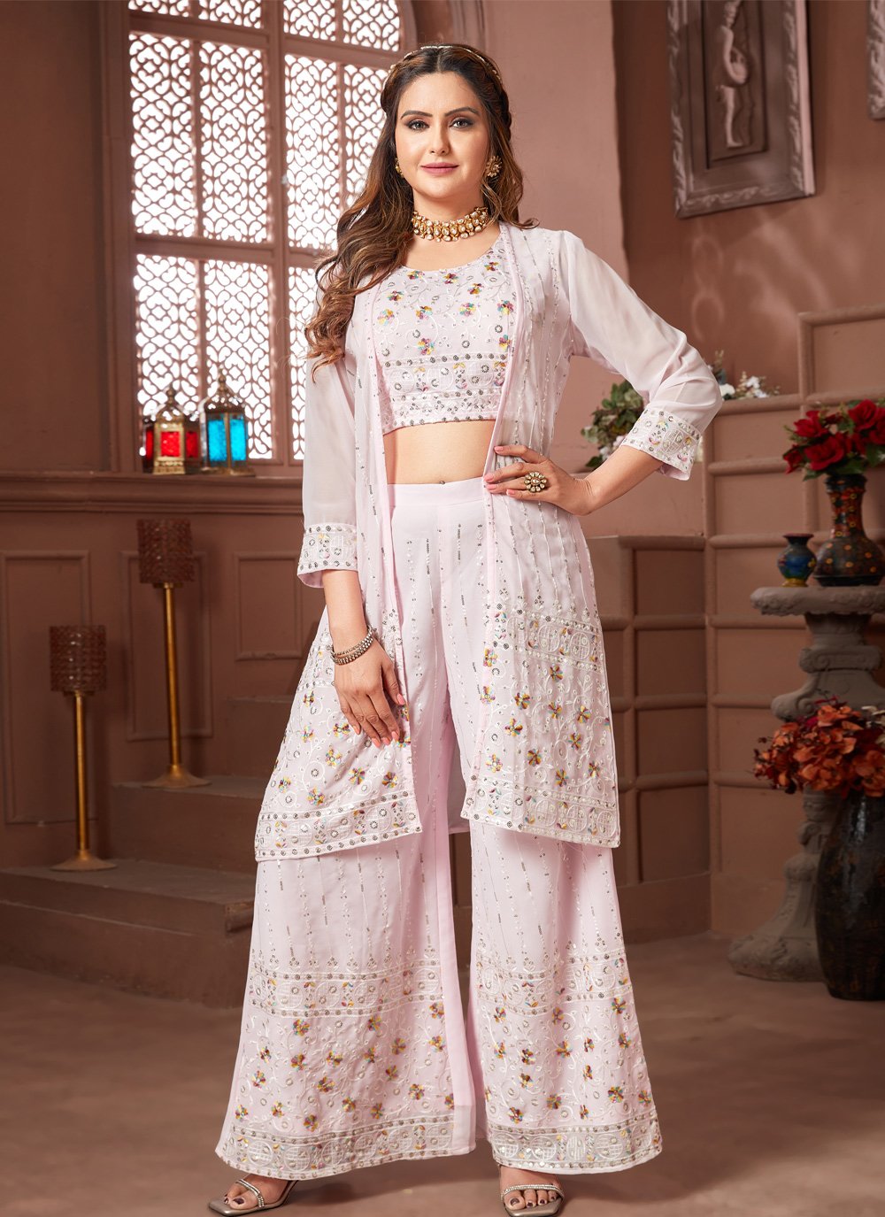 Pearl White Palazzo Pant Suit In Georgette Hand Work SFROY304400 –  ShreeFashionWear