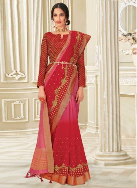Red and Rose Pink Raw Silk Designer Traditional Saree