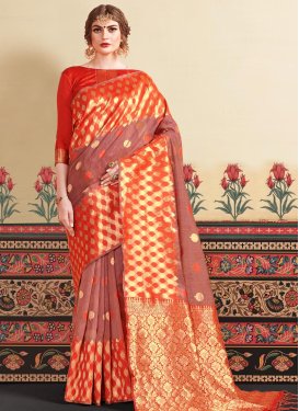 Red and Salmon Woven Work Designer Contemporary Style Saree