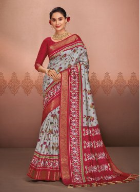 Red and Silver Color Print Work Traditional Designer Saree