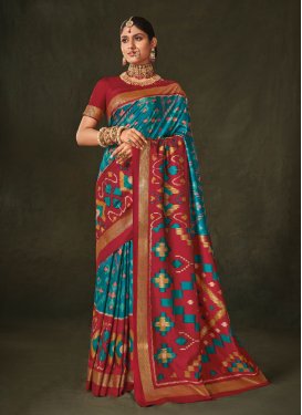 Red and Teal Digital Print Work Designer Contemporary Style Saree