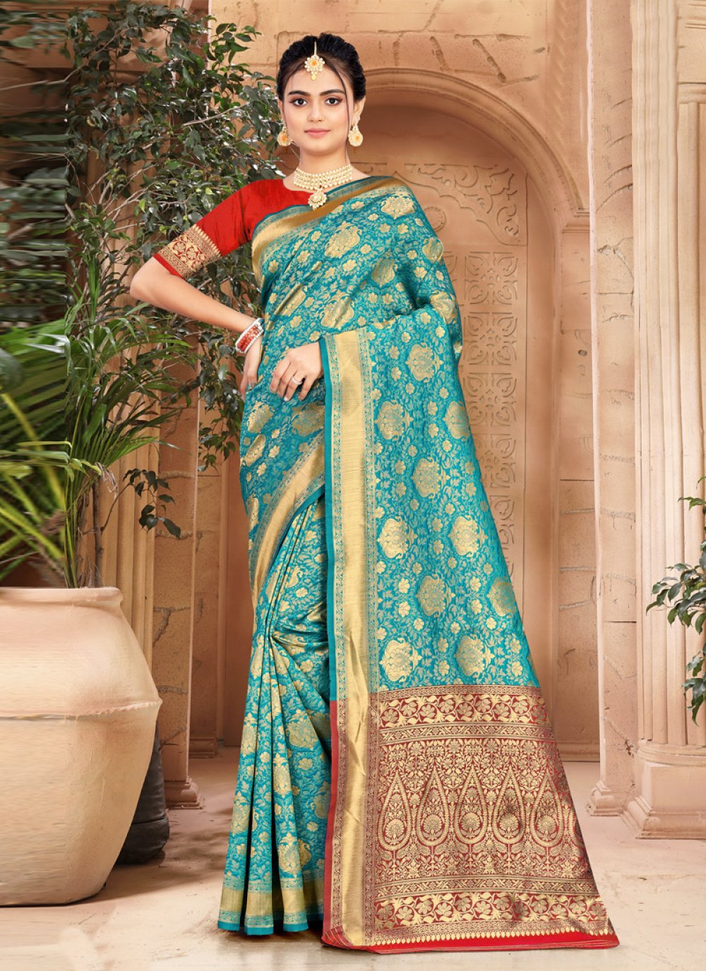 Red and Teal Woven Work Contemporary Style Saree