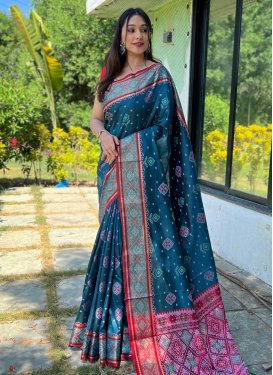 Red and Teal Woven Work Designer Contemporary Style Saree