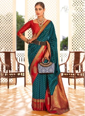 Red and Teal Woven Work Traditional Designer Saree