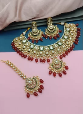 Red and White Beads Work Necklace Set