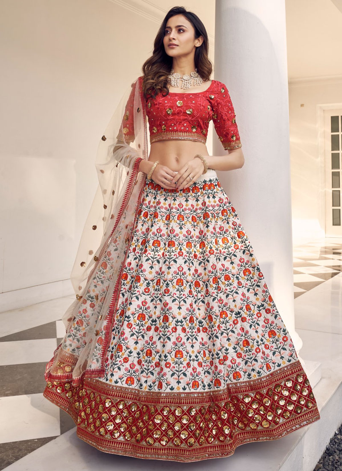 Bridal lehenga white and red best sale