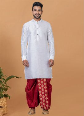 Red and White Dupion Silk Dhoti Kurta with Woven Work for Ceremonial