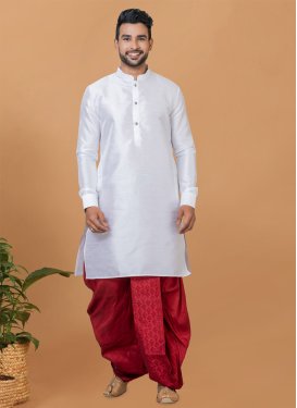 Red and White Dupion Silk Dhoti Kurta with Woven Work for Ceremonial