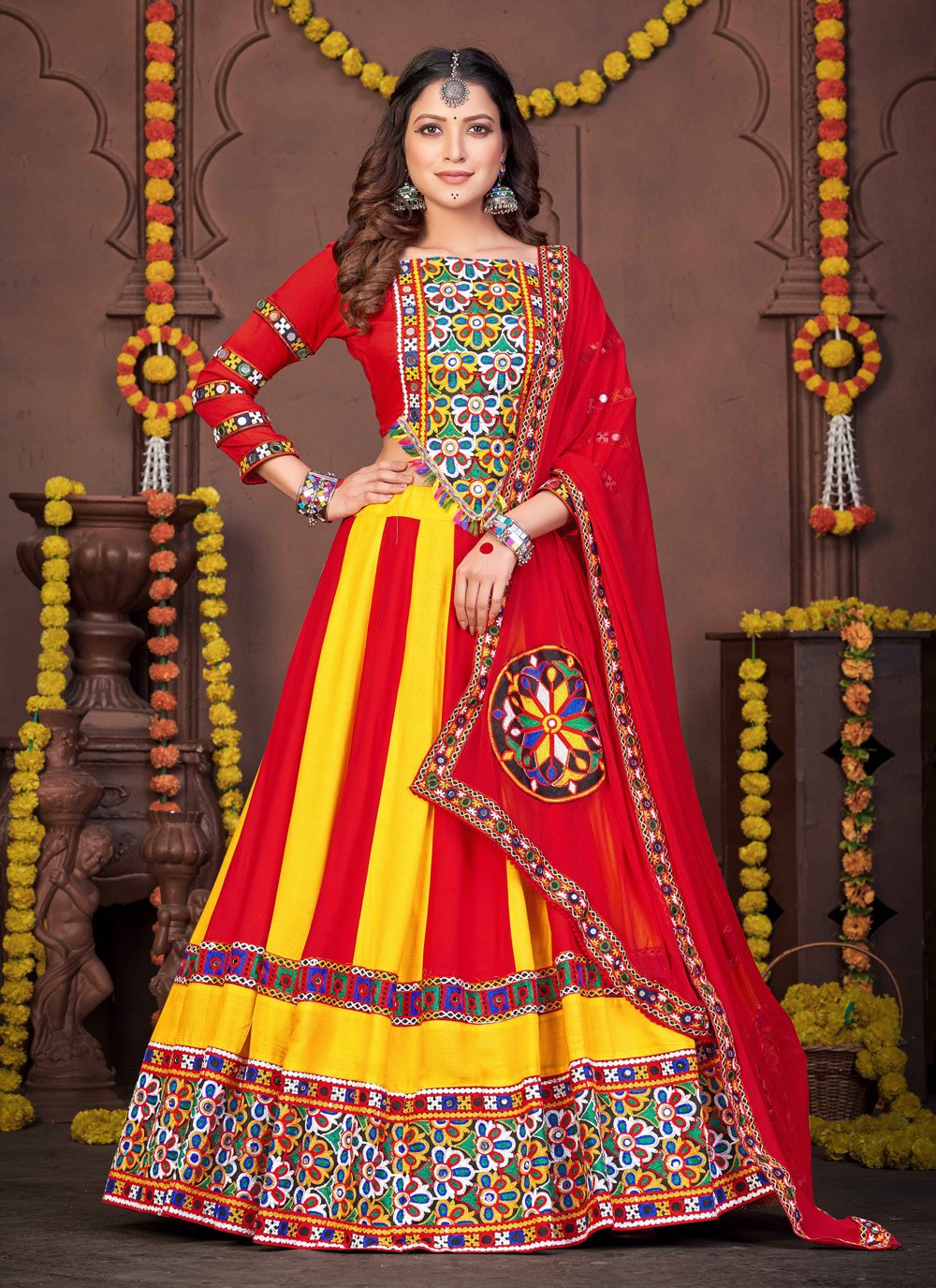 Red lehenga with yellow blouse and grey dupatta with zardosi and resham  work.. | Red lehenga, Indian bridal wear, Yellow blouse