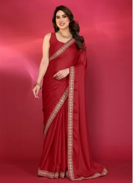 Red Chiffon Satin Traditional Saree with Lace Work for Casual