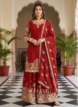 Red Chinon Embroidered Work Palazzo Suit for Women