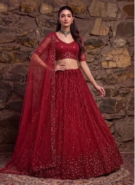 Red Net Trendy Lehenga Choli with Embroidered Work for Bridal
