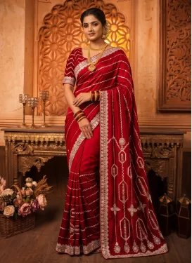 Red Satin Silk Trendy Saree with Embroidered Work for Party