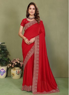 Red Vichitra Silk Classic Saree with Embroidered Work for Ceremonial