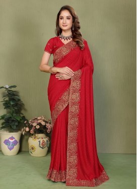 Red Vichitra Silk Embroidered Work Trendy Saree for Women