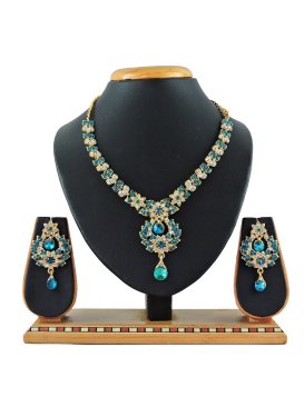 Regal Alloy Gold Rodium Polish Stone Work Teal and White Necklace Set