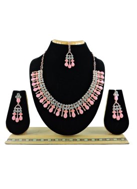 Regal Alloy Stone Work Pink and White Gold Rodium Polish Necklace Set