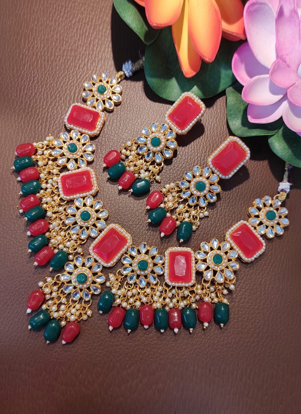 Regal Bottle Green and Red Alloy Gold Rodium Polish Necklace Set For Ceremonial