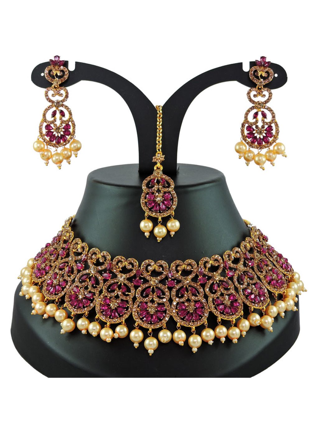 Regal Fuchsia and Gold Beads Work Necklace Set