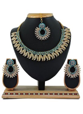 Regal Gold Rodium Polish Stone Work Firozi and White Necklace Set for Festival