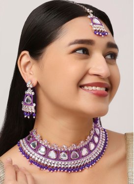 Regal Gold Rodium Polish Violet and White Necklace Set For Ceremonial